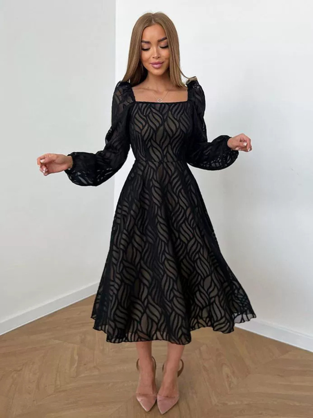 ZARA Womens High Waist Long Sleeve Sheer Jacquard Little Black Midi Dress